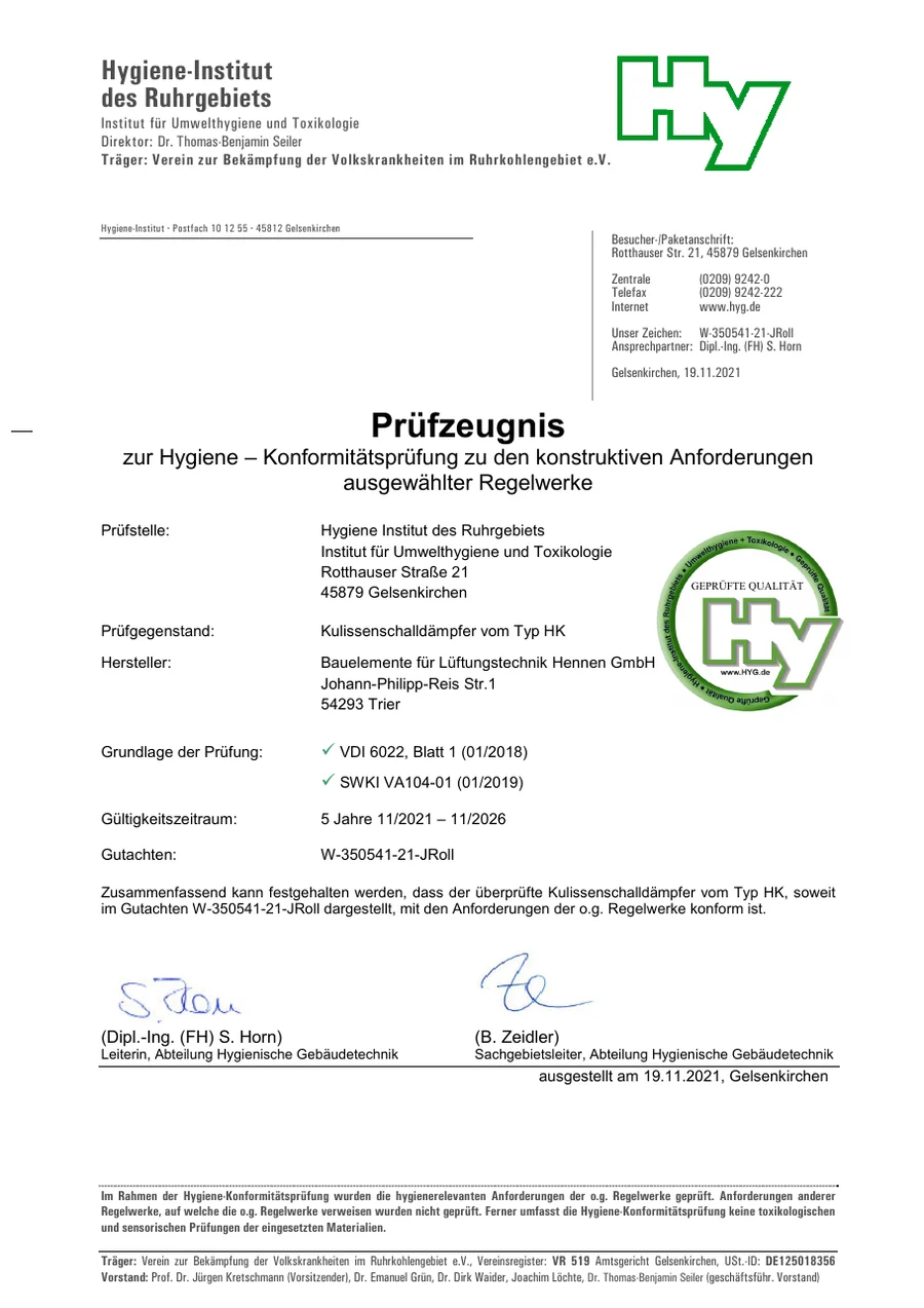 Prüfzeugnis zur Hygiene-Konformität der BLH Kulissen